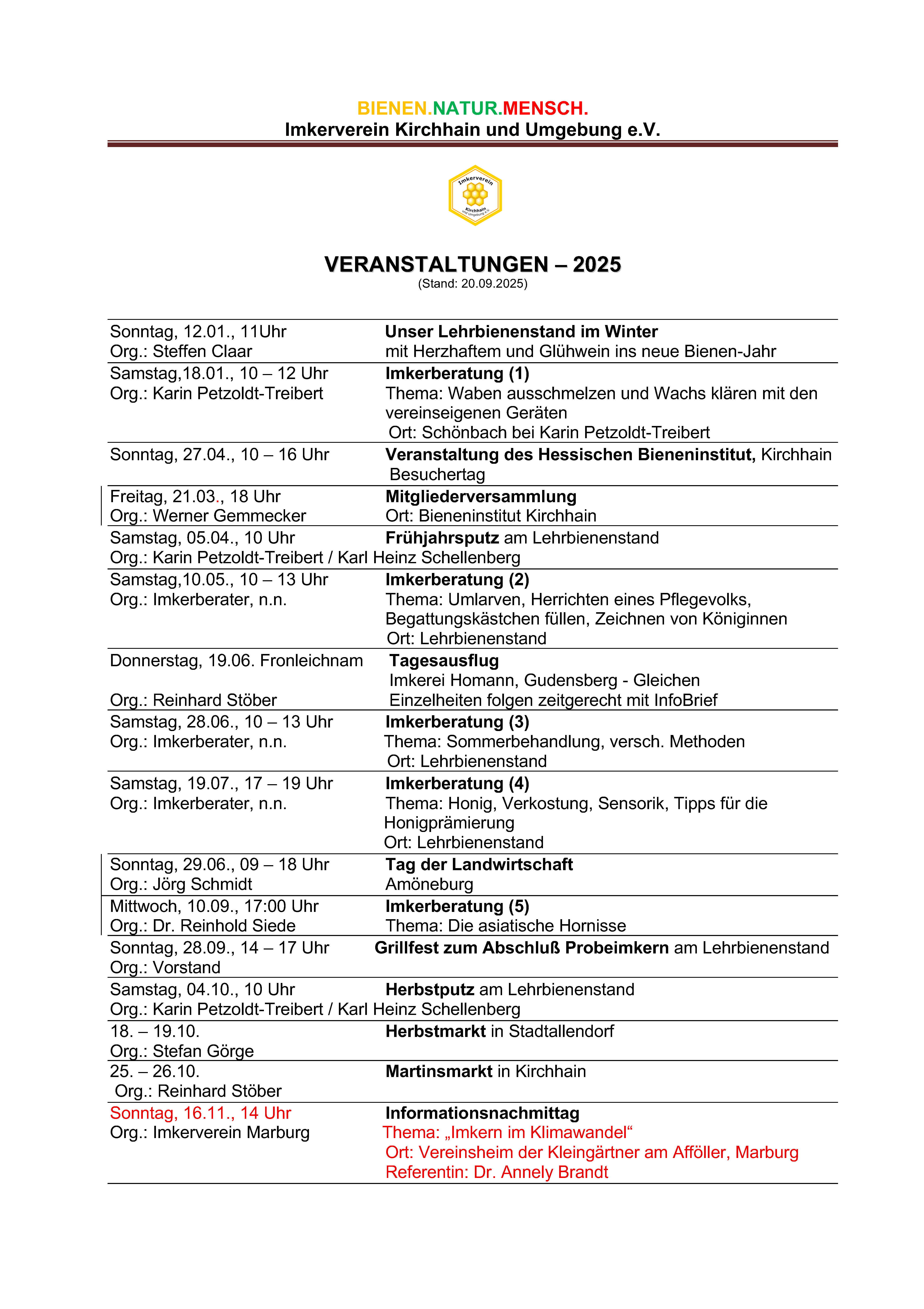 Veranstaltungskalender 2025 Stand 12.12.2024